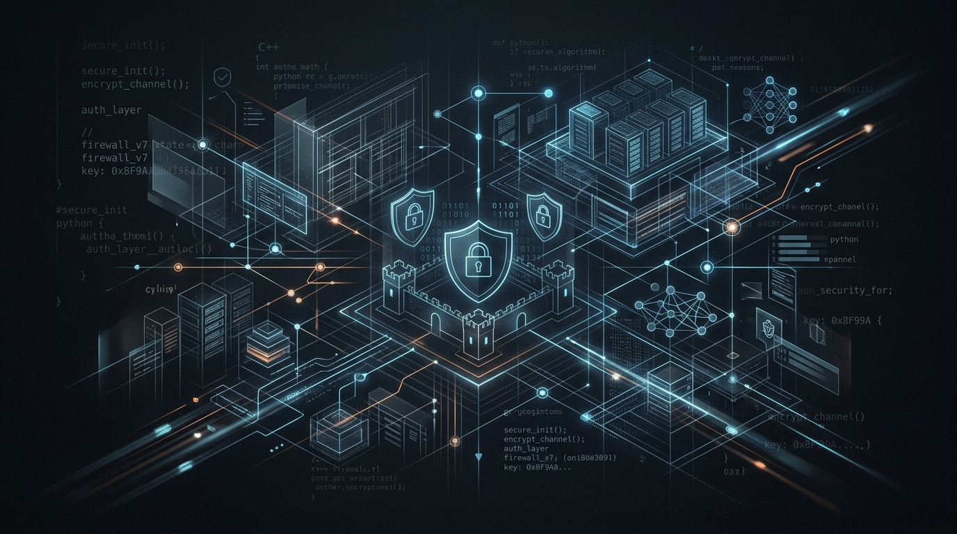 A professional yet futuristic abstract background representing a security-first engineering team, with subtle hints of code and digital architecture