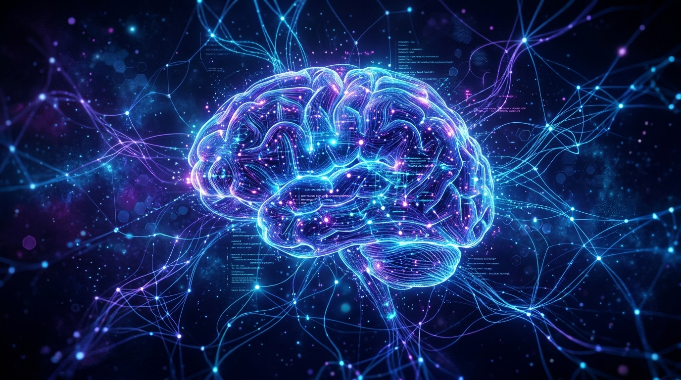 A beautiful abstract representation of an artificial intelligence brain or neural network, with glowing pathways and deep blue and purple tones