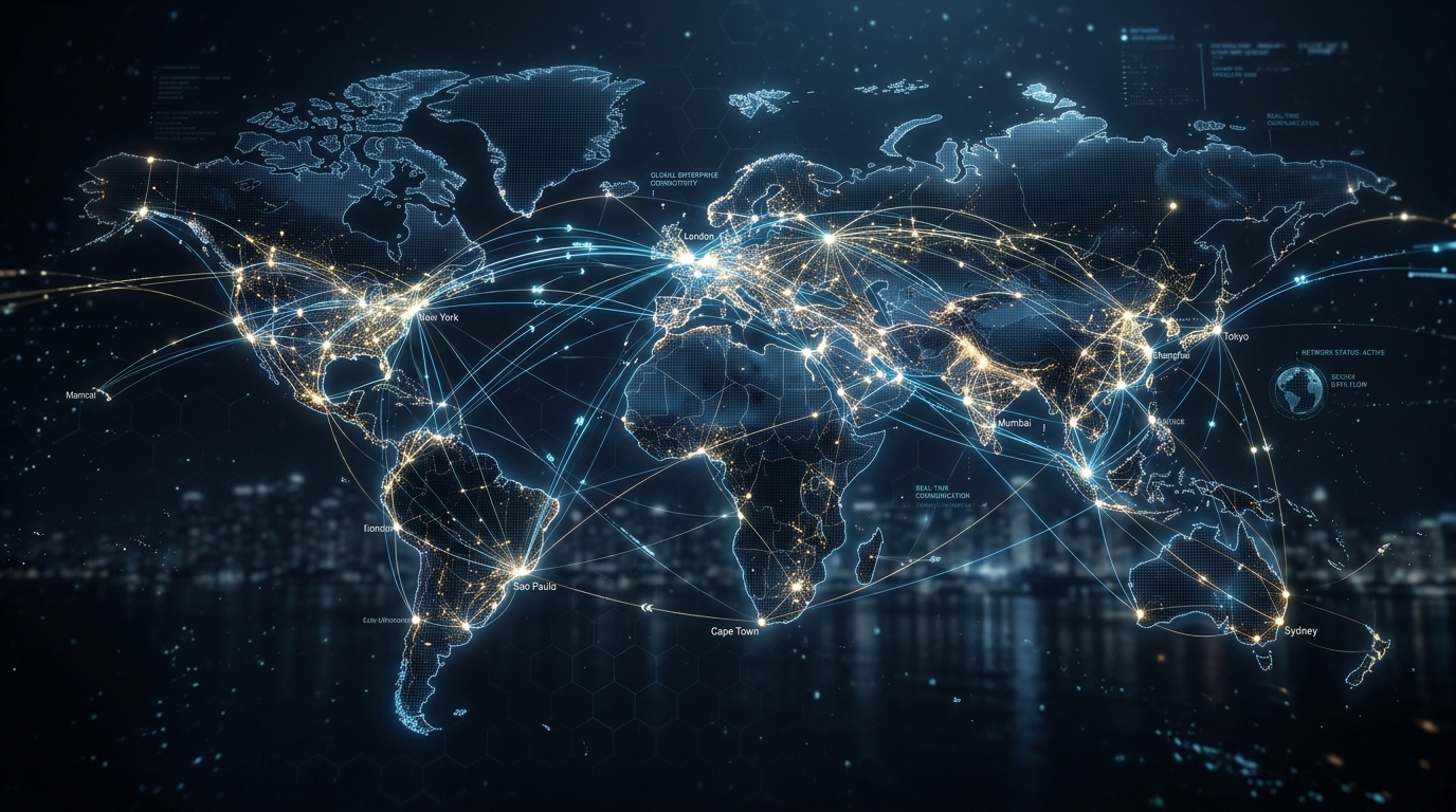 A sophisticated global communication network visualization, showing glowing lines connecting across a dark, abstract world map