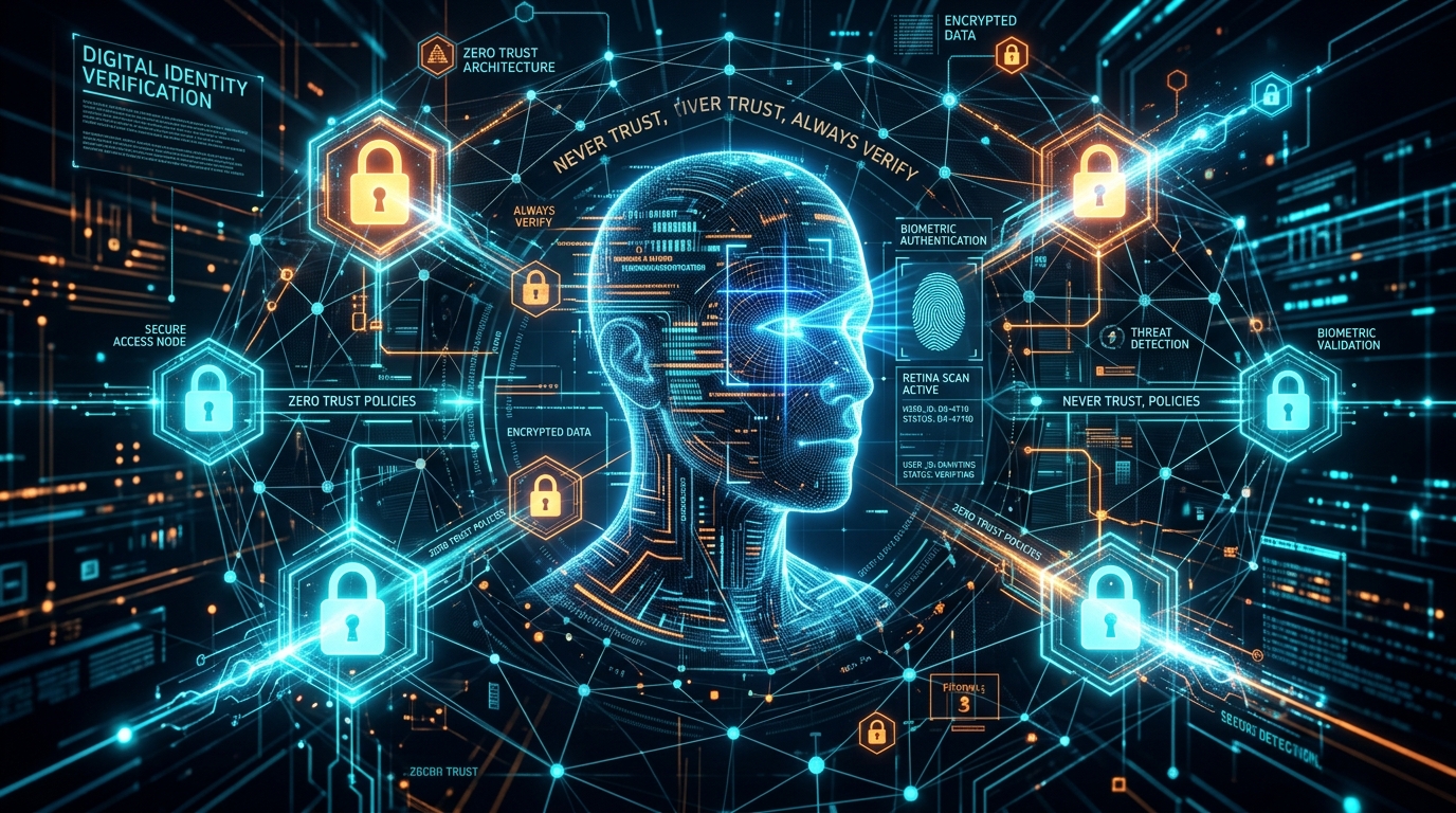A futuristic cybersecurity concept representing digital identity and Zero Trust architecture, with biometric scans and glowing locks