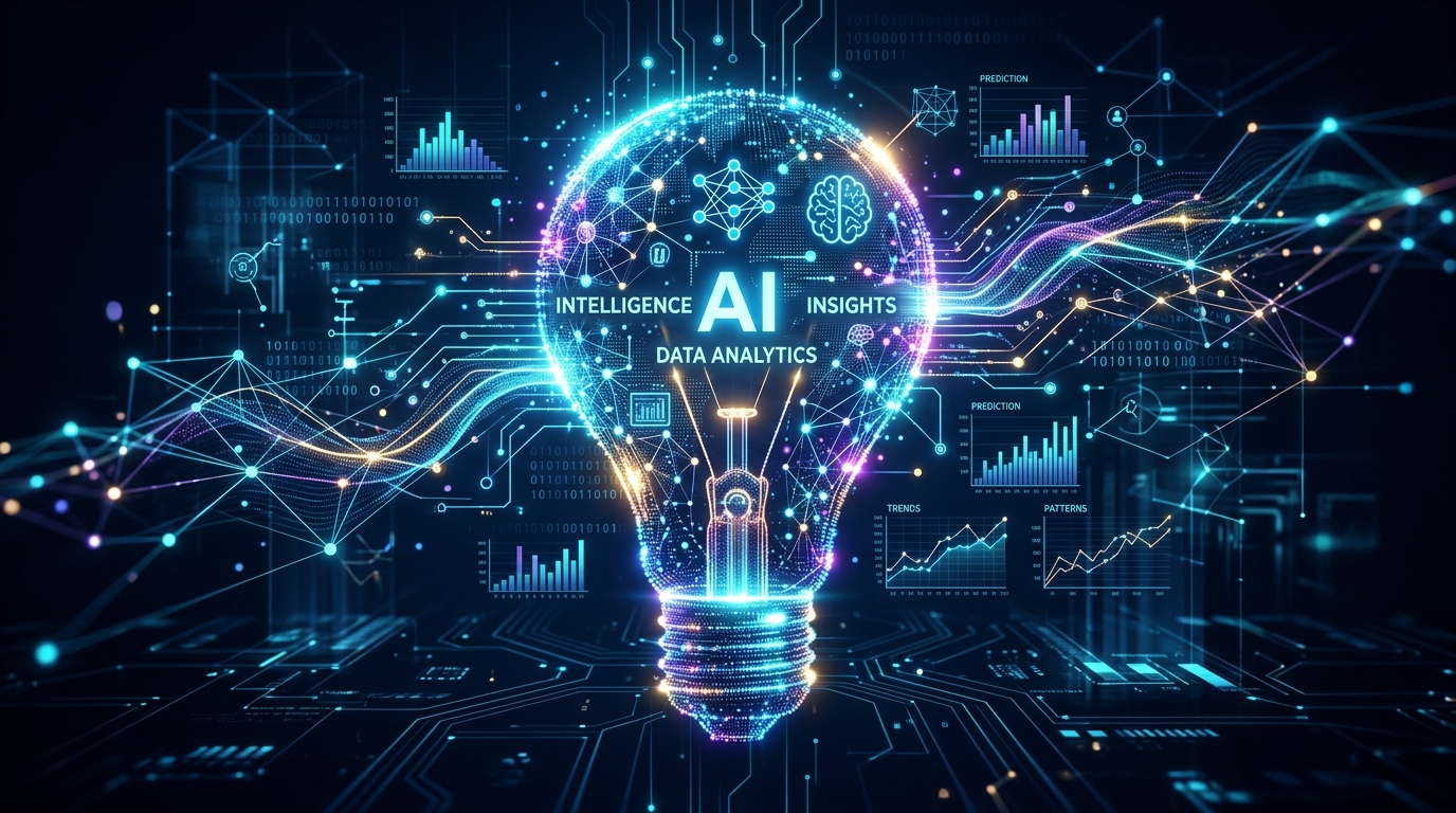 A sleek abstract representation of data analytics, insights, and AI intelligence