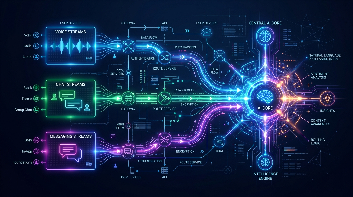 An intricate, glowing representation of a communication platform architecture, showing voice, chat, and messaging streams converging into a central AI core