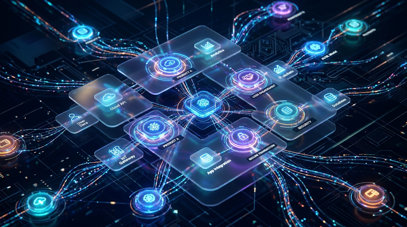 A high-tech visualization of digital products, featuring glowing nodes and interconnected data streams